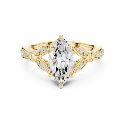 Marquise solitaire ring in yellow gold with floral milgrain pave band and lab-grown diamond – Australia