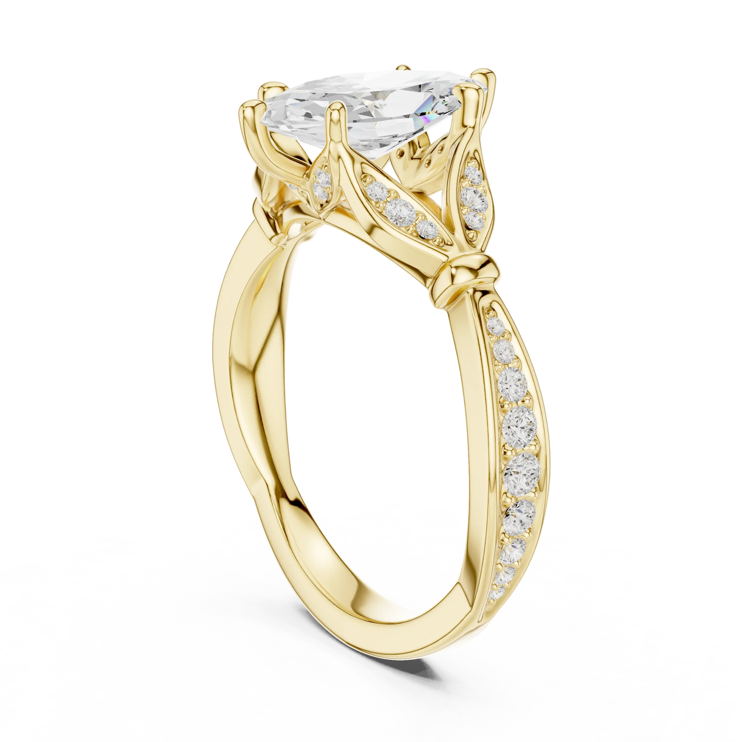 Back side view of yellow gold marquise solitaire ring with floral milgrain pave band and lab-grown diamond – Australia