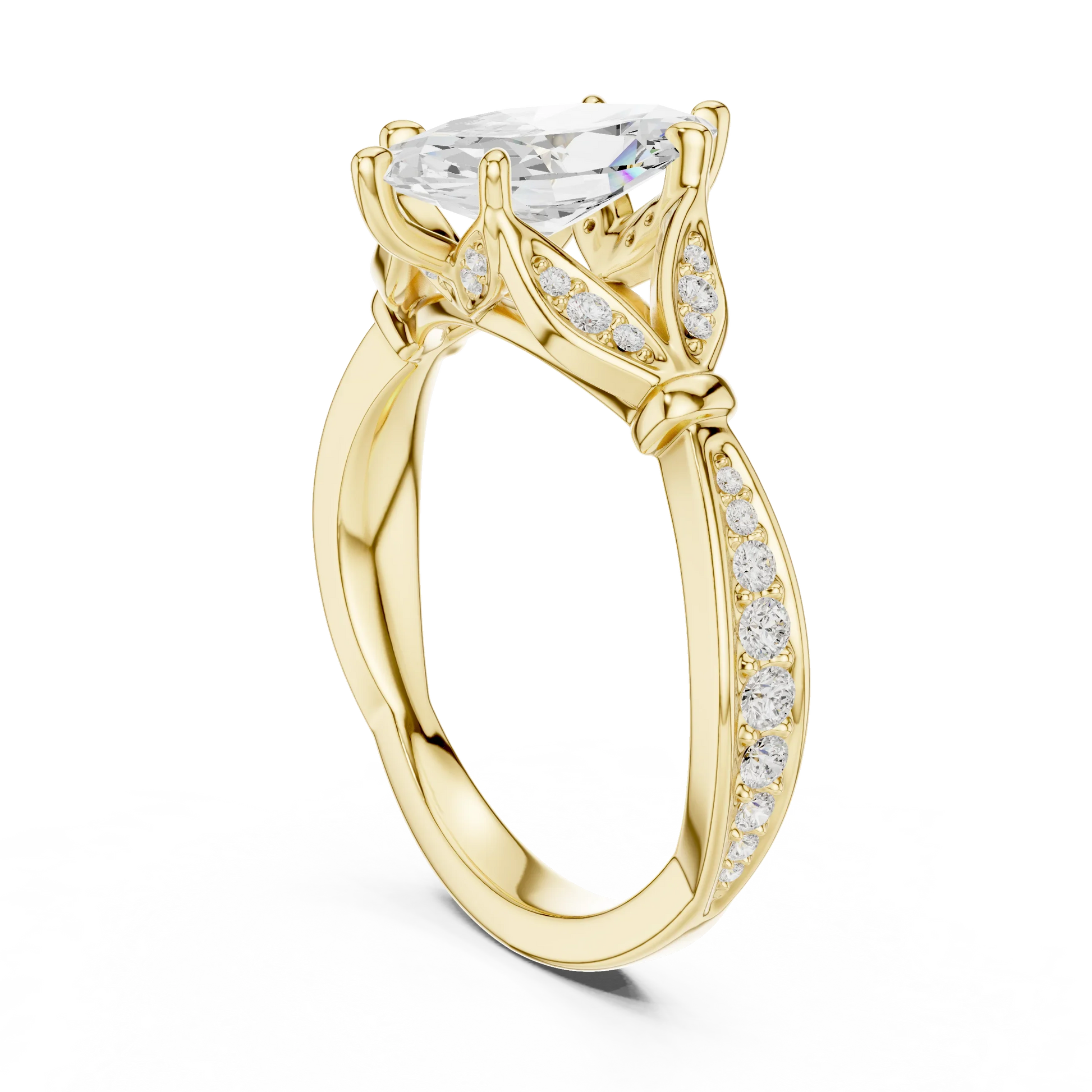 Back side view of yellow gold marquise solitaire ring with floral milgrain pave band and lab-grown diamond – Australia