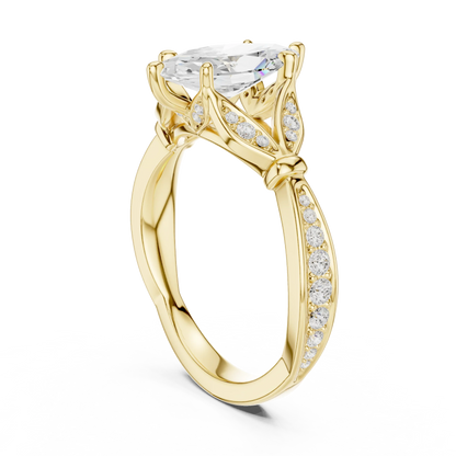 Back side view of yellow gold marquise solitaire ring with floral milgrain pave band and lab-grown diamond – Australia