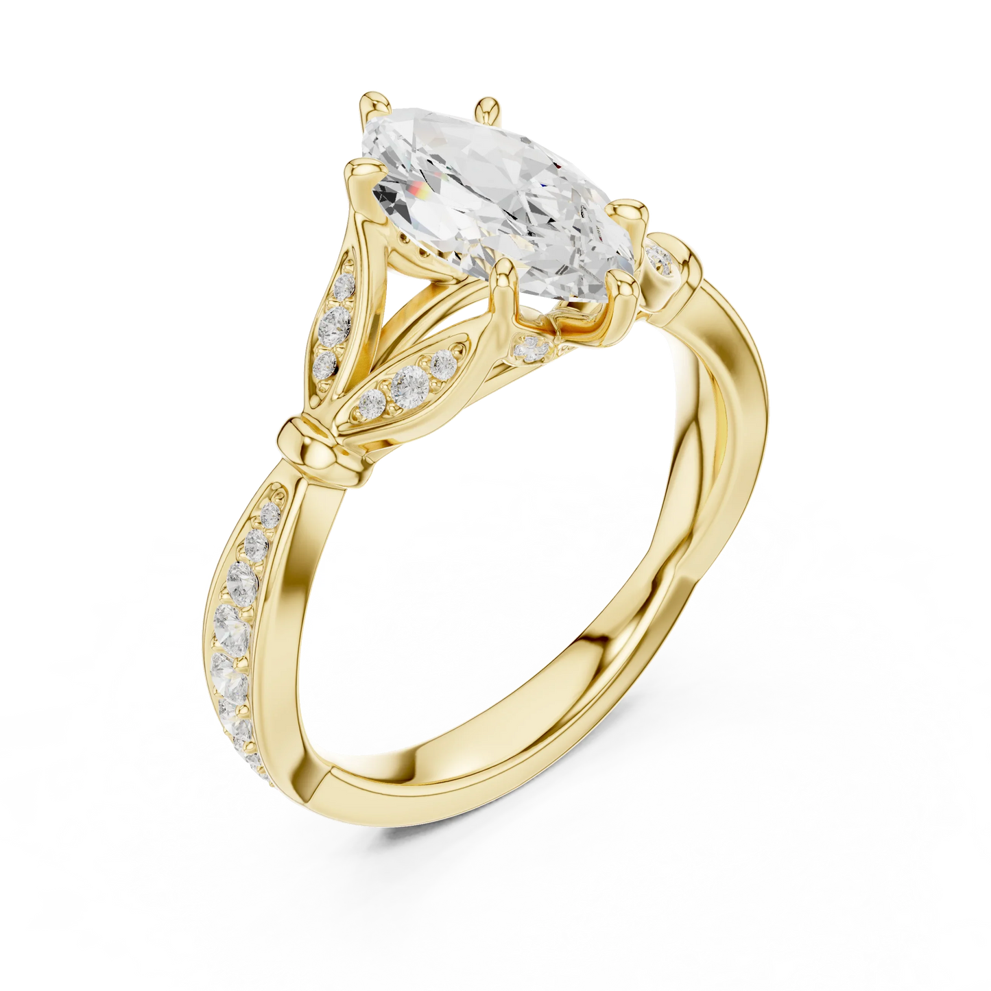 Front view of yellow gold marquise solitaire ring with floral milgrain pave band and lab-grown diamond – Australia