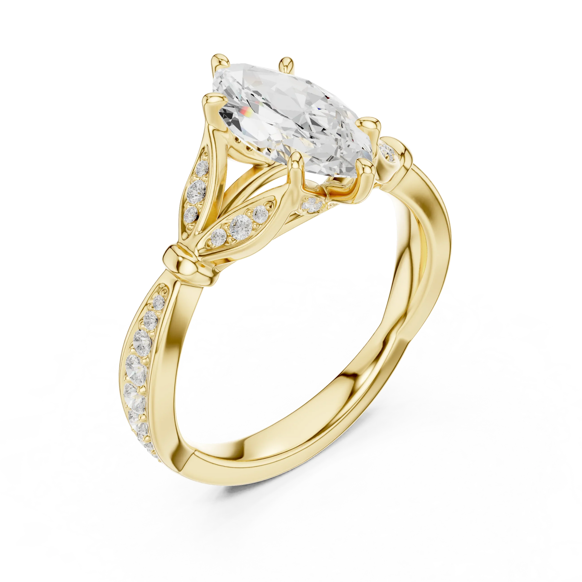Front view of yellow gold marquise solitaire ring with floral milgrain pave band and lab-grown diamond – Australia