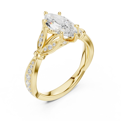 Front view of yellow gold marquise solitaire ring with floral milgrain pave band and lab-grown diamond – Australia