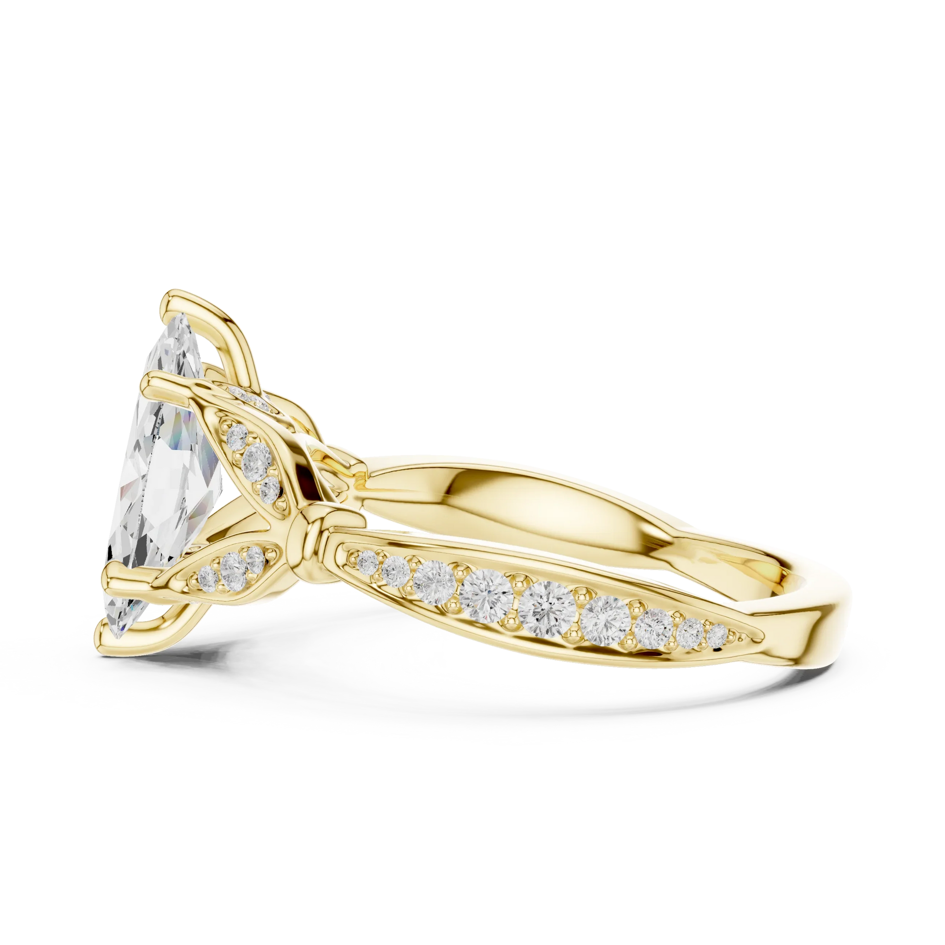 Side view of yellow gold marquise solitaire ring with floral milgrain pave band and lab-grown diamond – Australia
