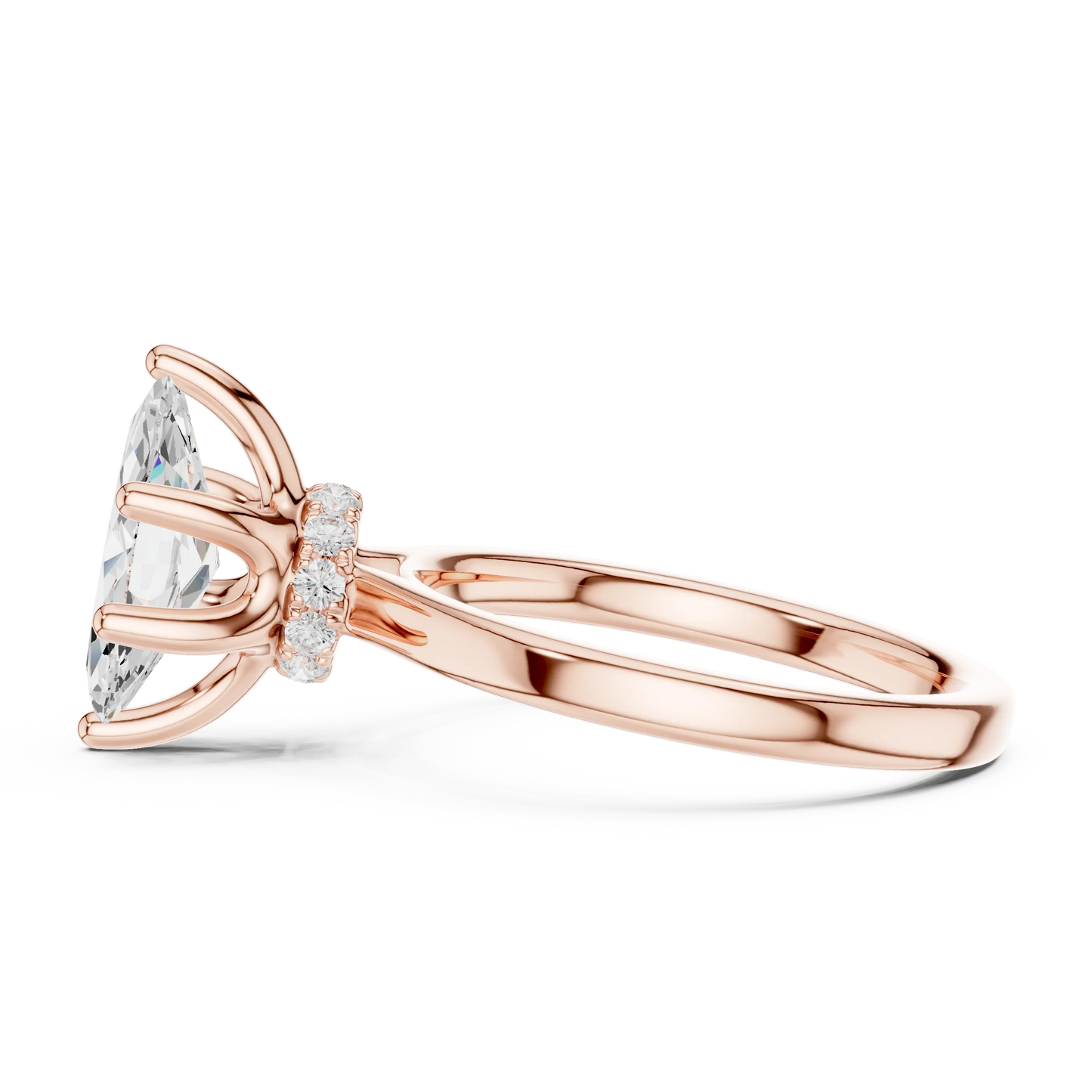 Side view of rose gold marquise cut solitaire ring highlighting hidden halo and domed band design