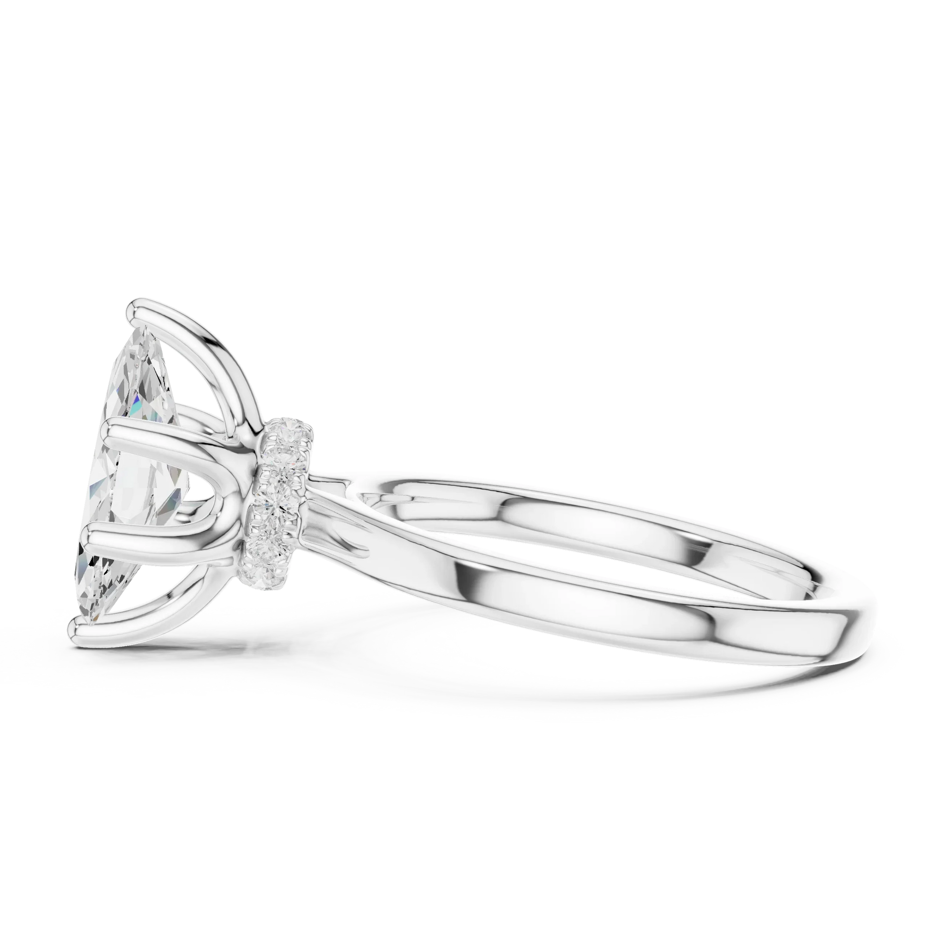 Side view of white gold marquise cut solitaire ring highlighting hidden halo and domed band design