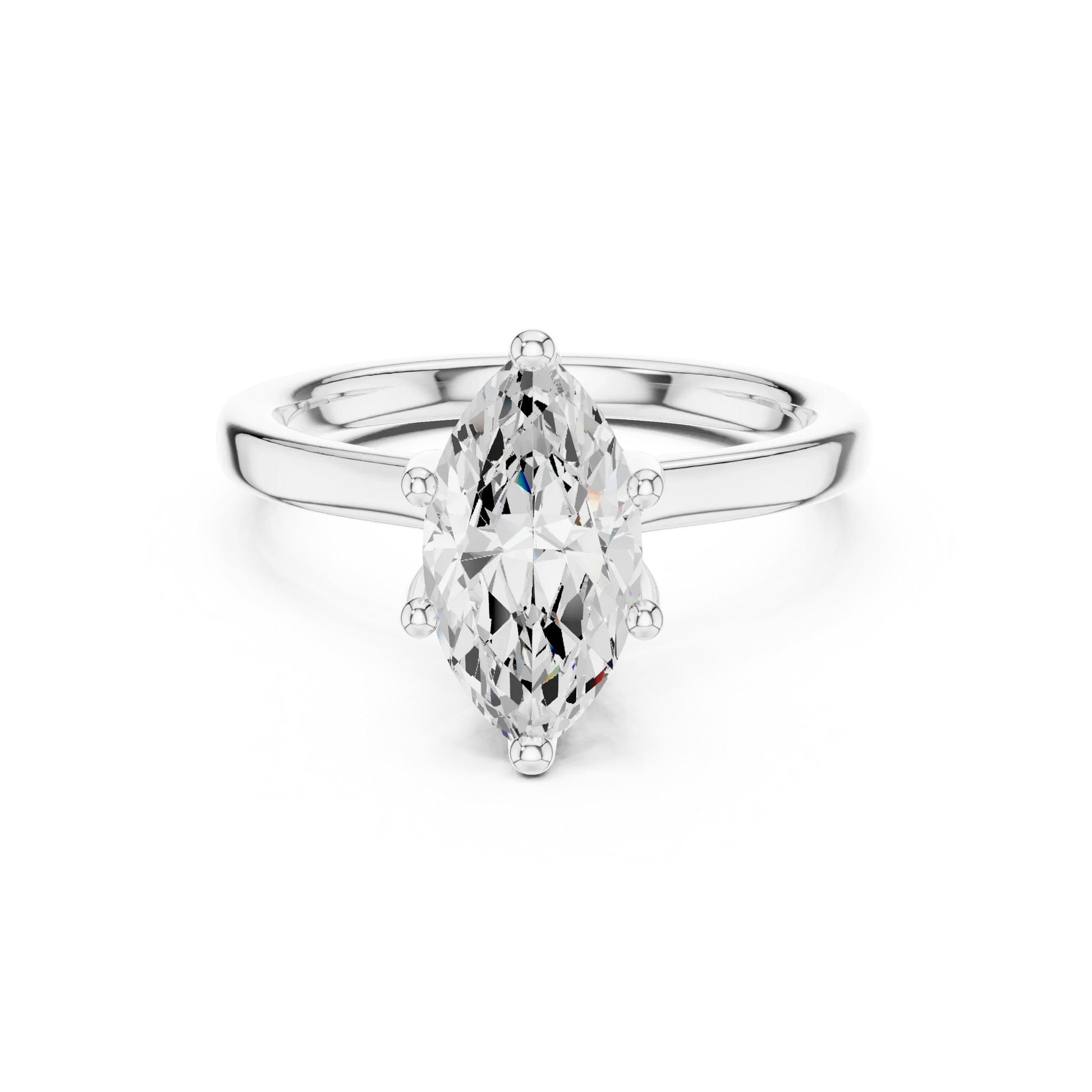 Top view of white gold marquise cut solitaire ring with hidden halo and domed band featuring lab-grown diamond
