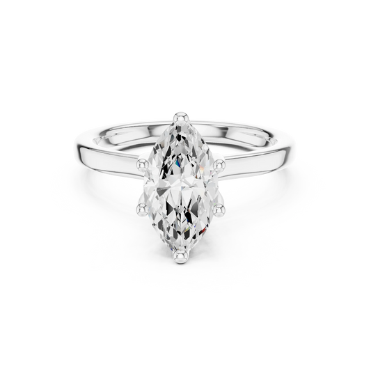 Top view of white gold marquise cut solitaire ring with hidden halo and domed band featuring lab-grown diamond