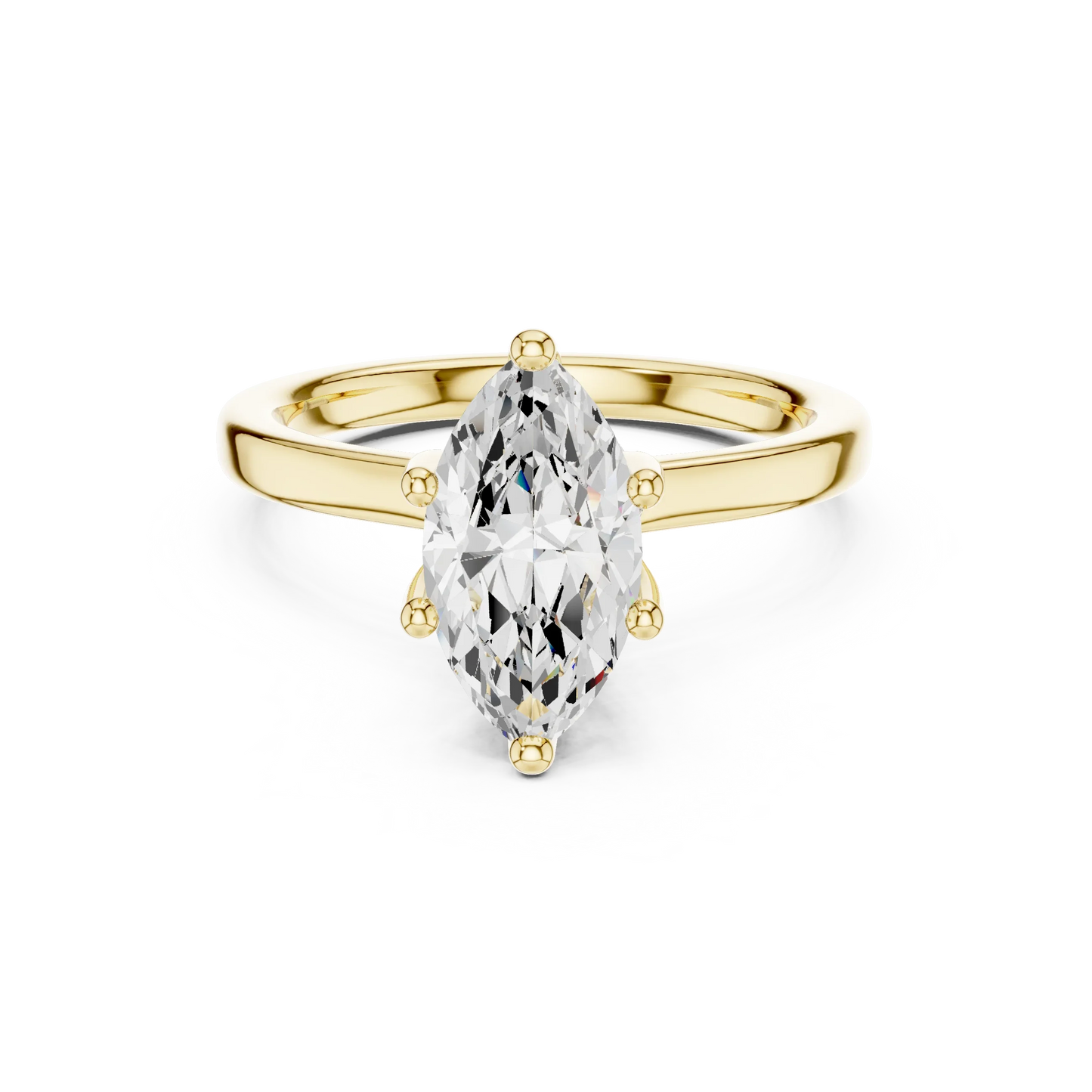 Yellow gold marquise cut solitaire ring with hidden halo and domed band featuring lab-grown diamond, classic style