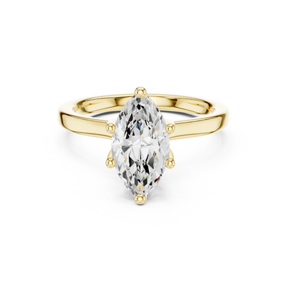 Yellow gold marquise cut solitaire ring with hidden halo and domed band featuring lab-grown diamond, classic style