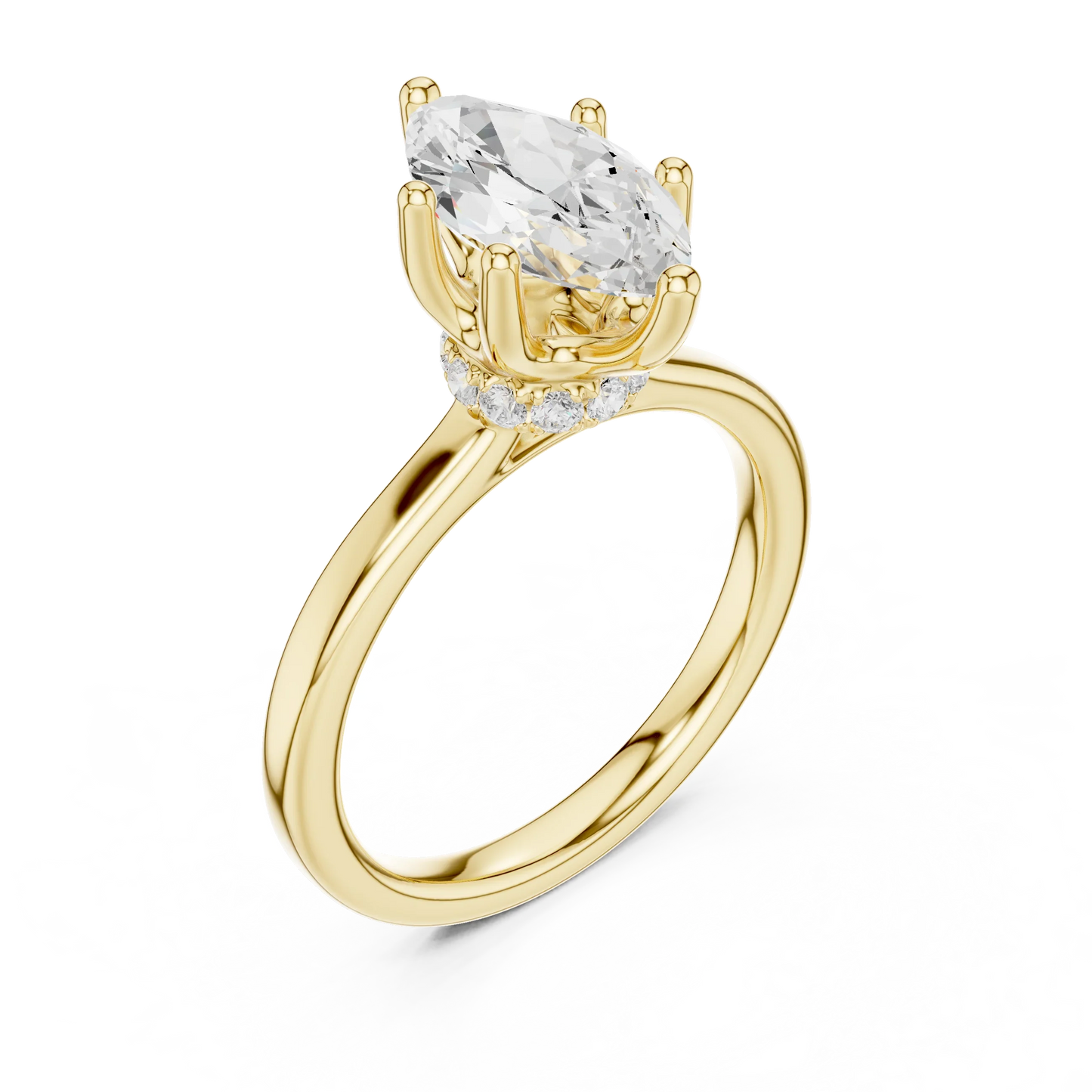 Front view of yellow gold marquise cut solitaire ring with hidden halo and domed band and lab-created diamond