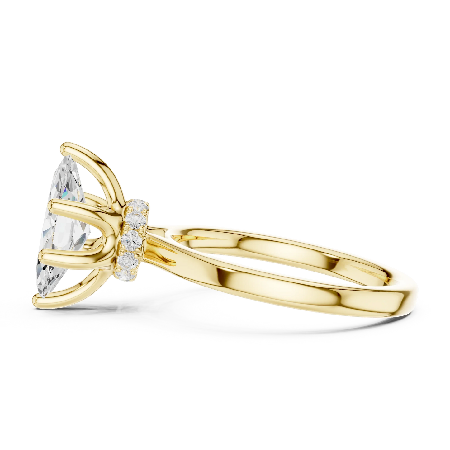 Side view of yellow gold marquise cut solitaire ring highlighting hidden halo and domed band design