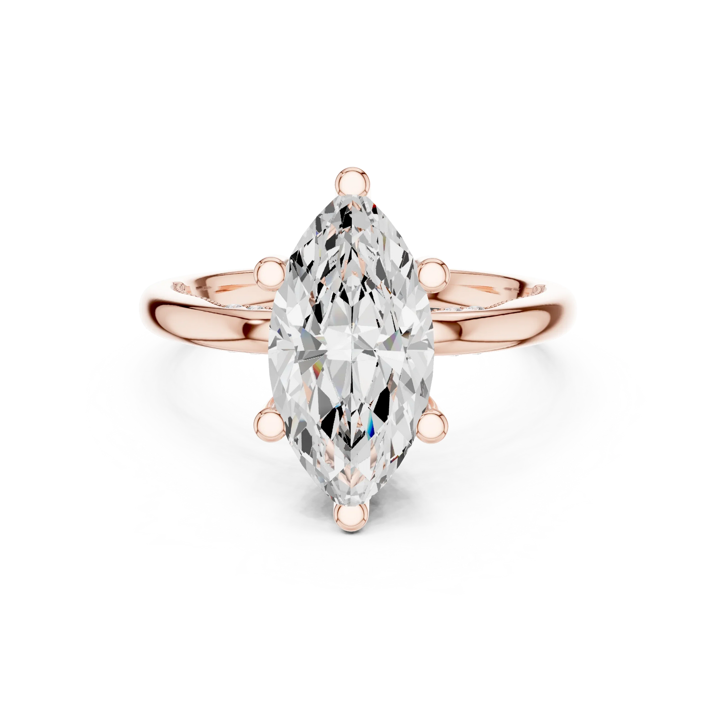 Rose gold marquise cut solitaire ring with hidden halo and domed band featuring lab-grown diamond, modern look