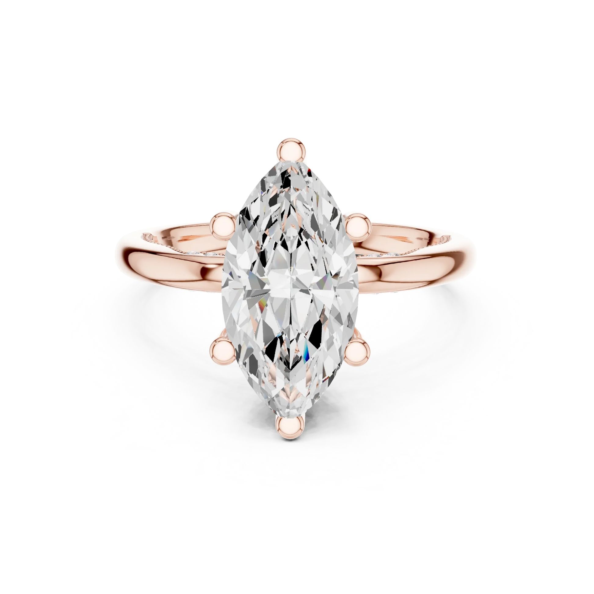 Rose gold marquise cut solitaire ring with hidden halo and domed band featuring lab-grown diamond, modern look