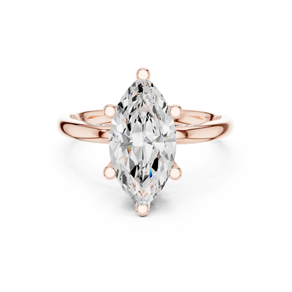 Rose gold marquise cut solitaire ring with hidden halo and domed band featuring lab-grown diamond, modern look