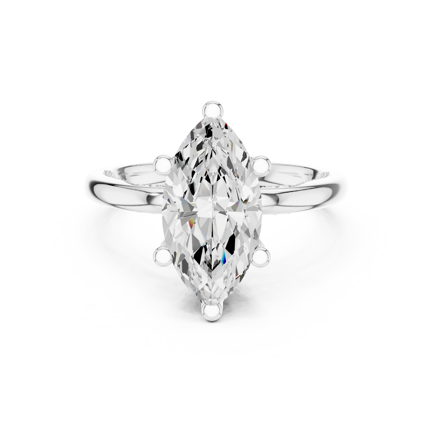 White gold marquise cut solitaire ring with hidden halo and domed band featuring lab-grown diamond, elegant design