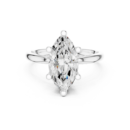 White gold marquise cut solitaire ring with hidden halo and domed band featuring lab-grown diamond, elegant design