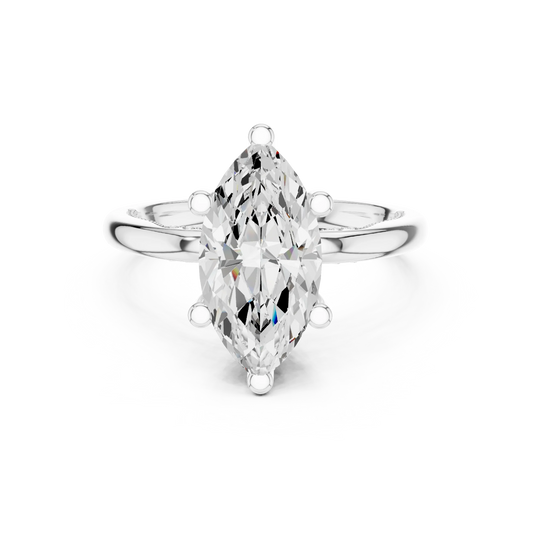White gold marquise cut solitaire ring with hidden halo and domed band featuring lab-grown diamond, elegant design