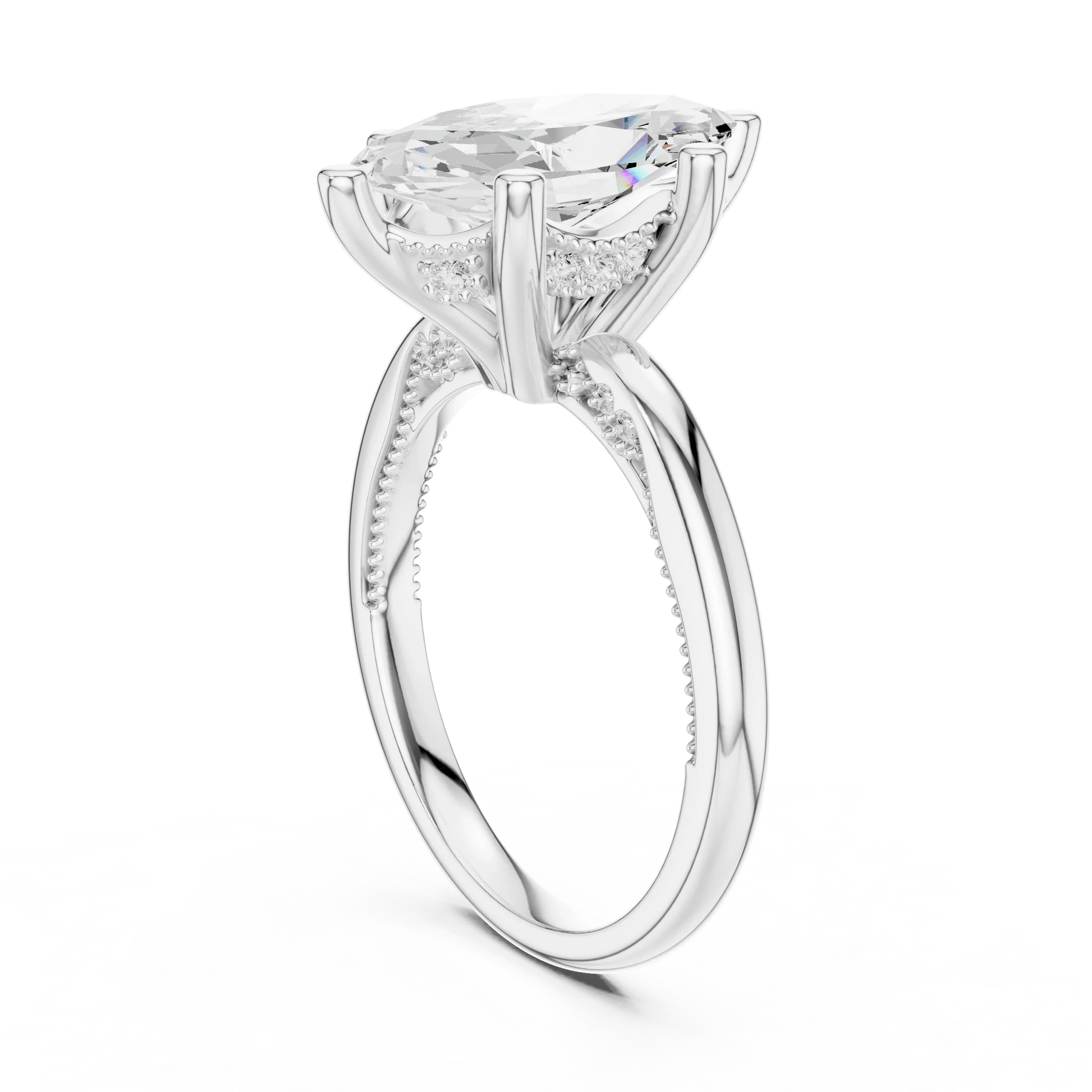 Back side view of white gold marquise cut solitaire ring showing hidden halo and domed band details