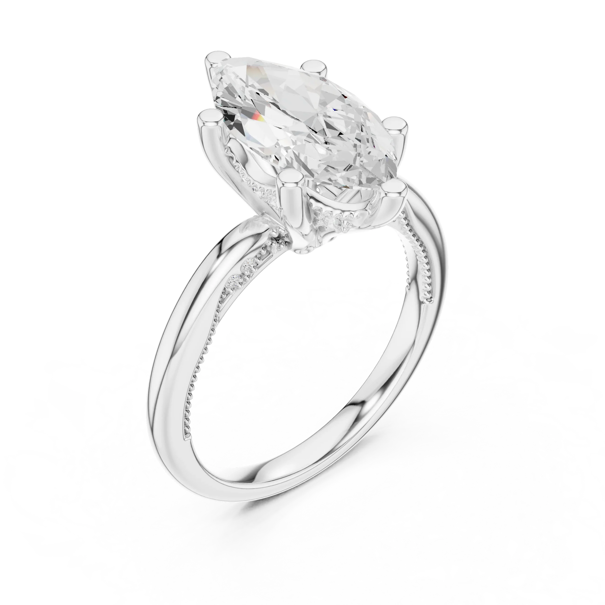 Front view of white gold marquise cut solitaire ring with hidden halo and domed band and lab-created diamond