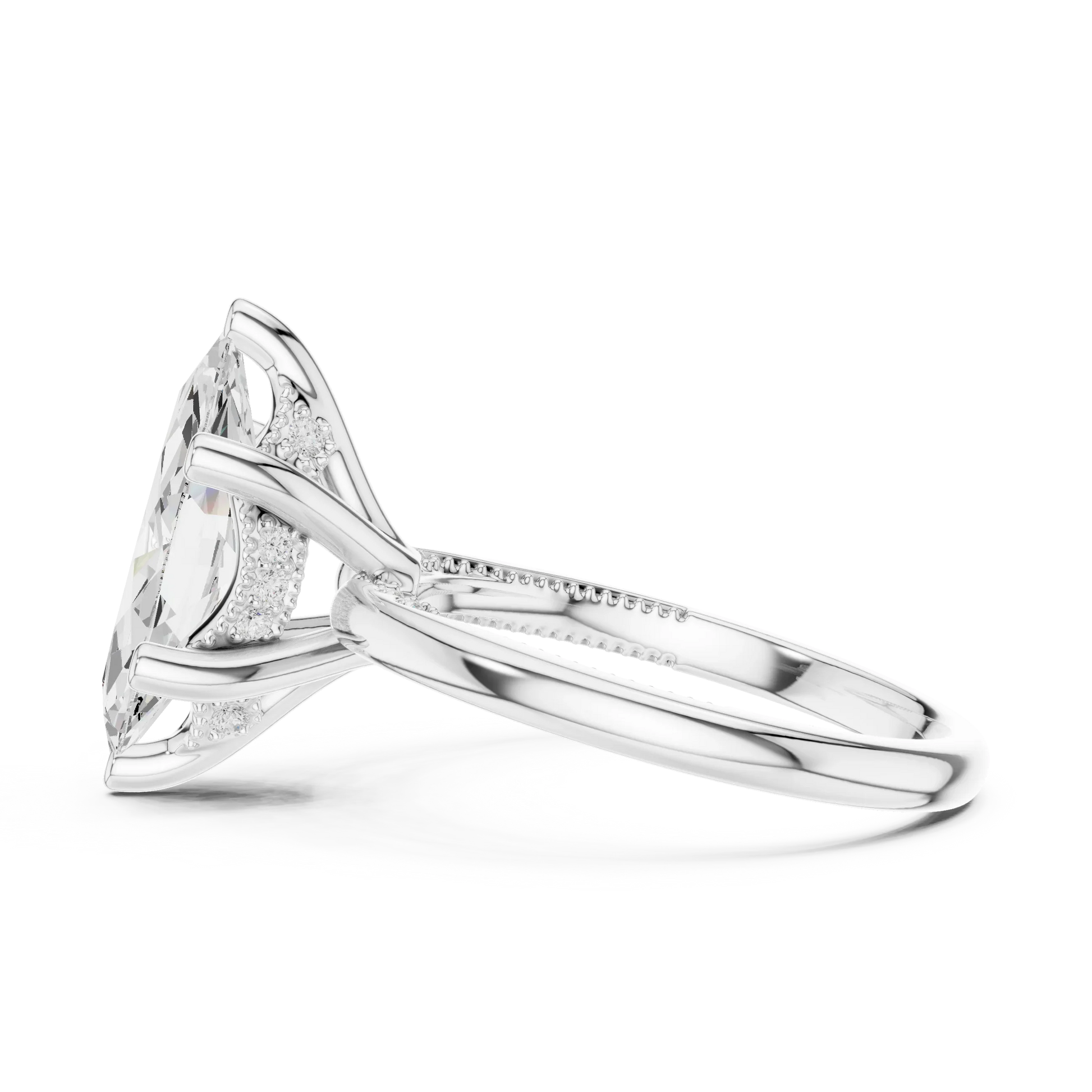 Side view of white gold marquise cut solitaire ring highlighting hidden halo and domed band design