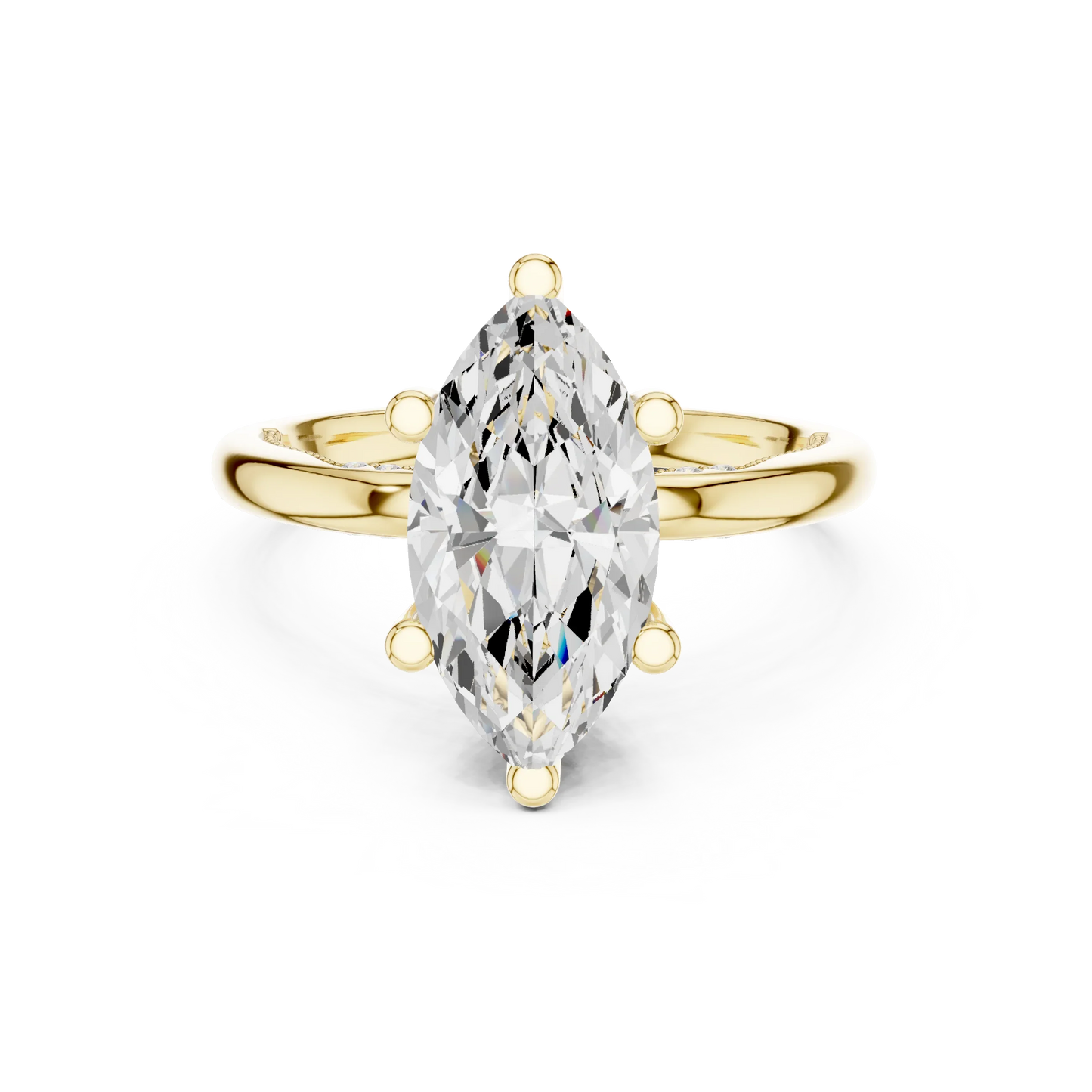 Yellow gold marquise cut solitaire ring with hidden halo and domed band featuring lab-grown diamond, classic style