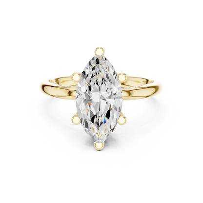 Yellow gold marquise cut solitaire ring with hidden halo and domed band featuring lab-grown diamond, classic style