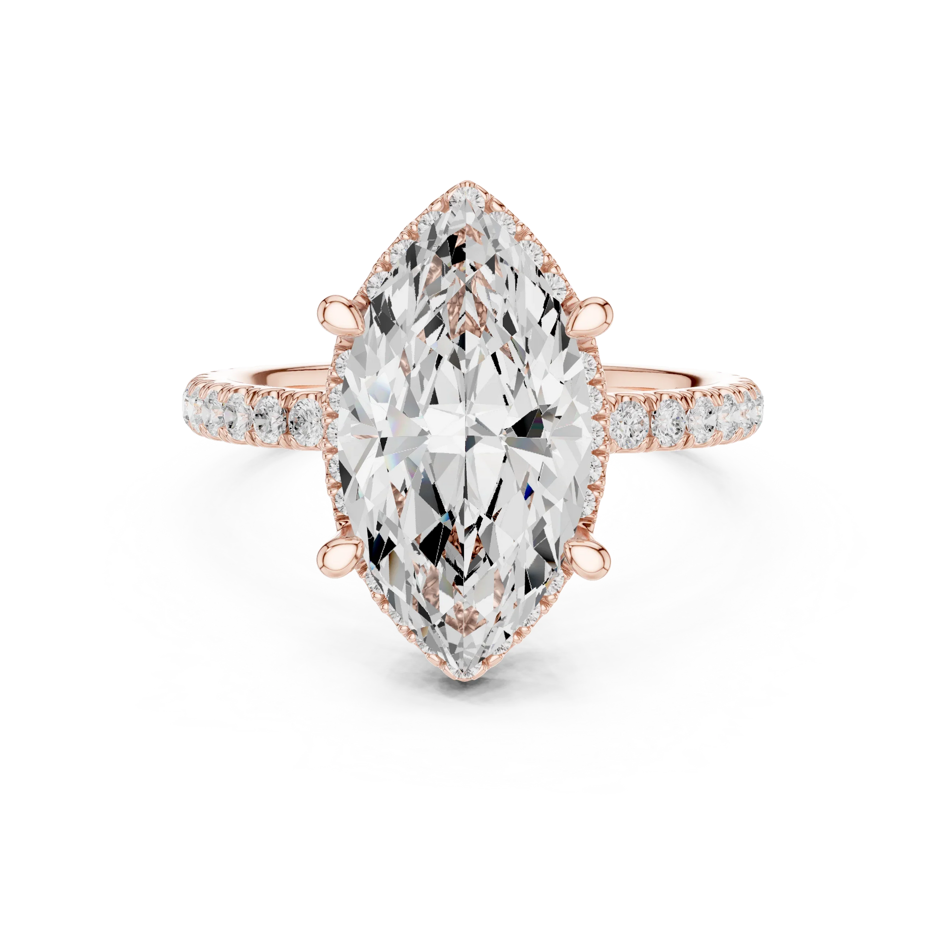 Rose gold marquise cut solitaire ring with hidden halo and thin pav茅 band featuring lab-grown diamond, modern delicate look