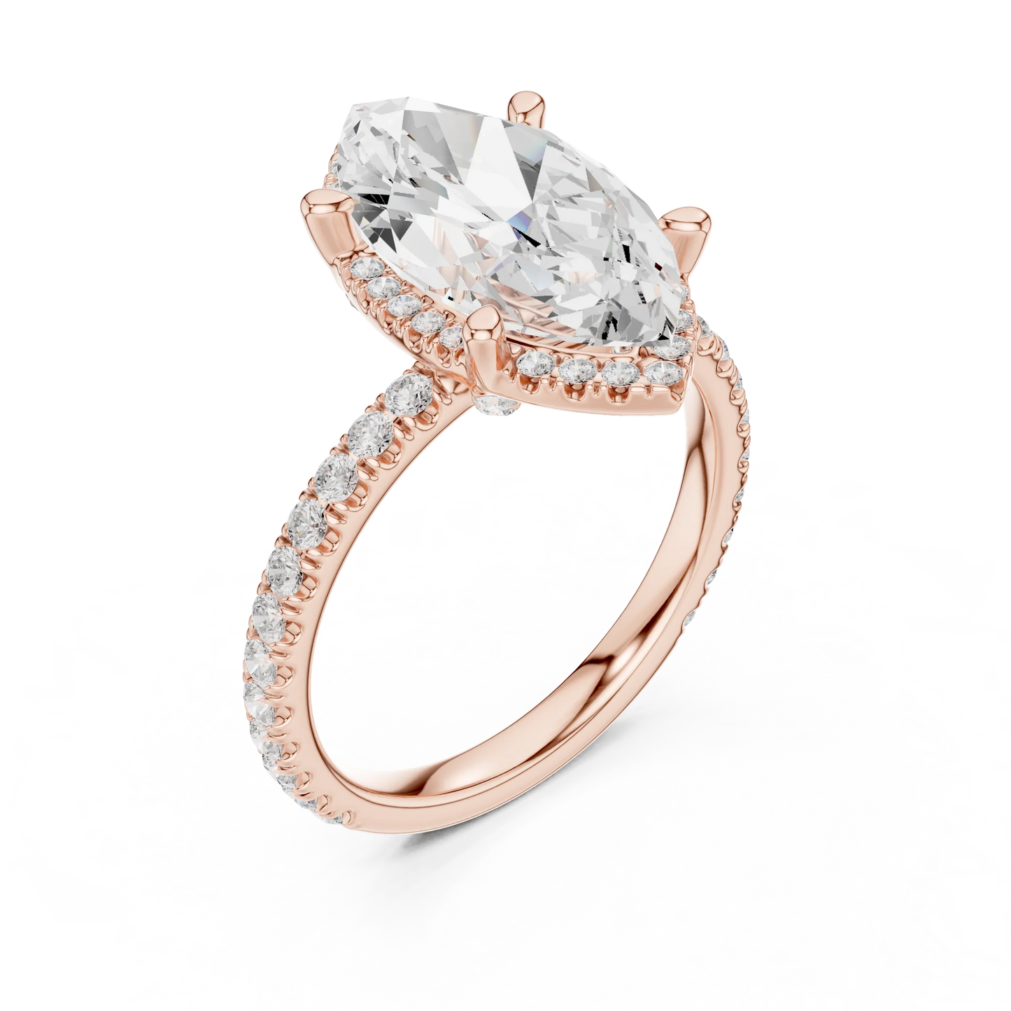 Front view of rose gold marquise cut solitaire ring with hidden halo and thin pav茅 diamond band and lab-created diamond
