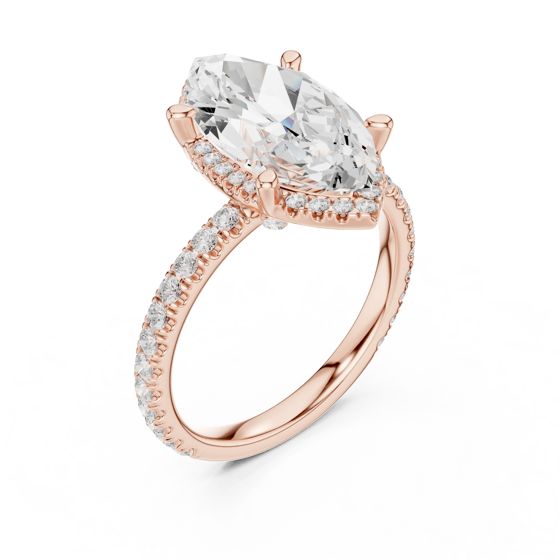 Front view of rose gold marquise cut solitaire ring with hidden halo and thin pav茅 diamond band and lab-created diamond