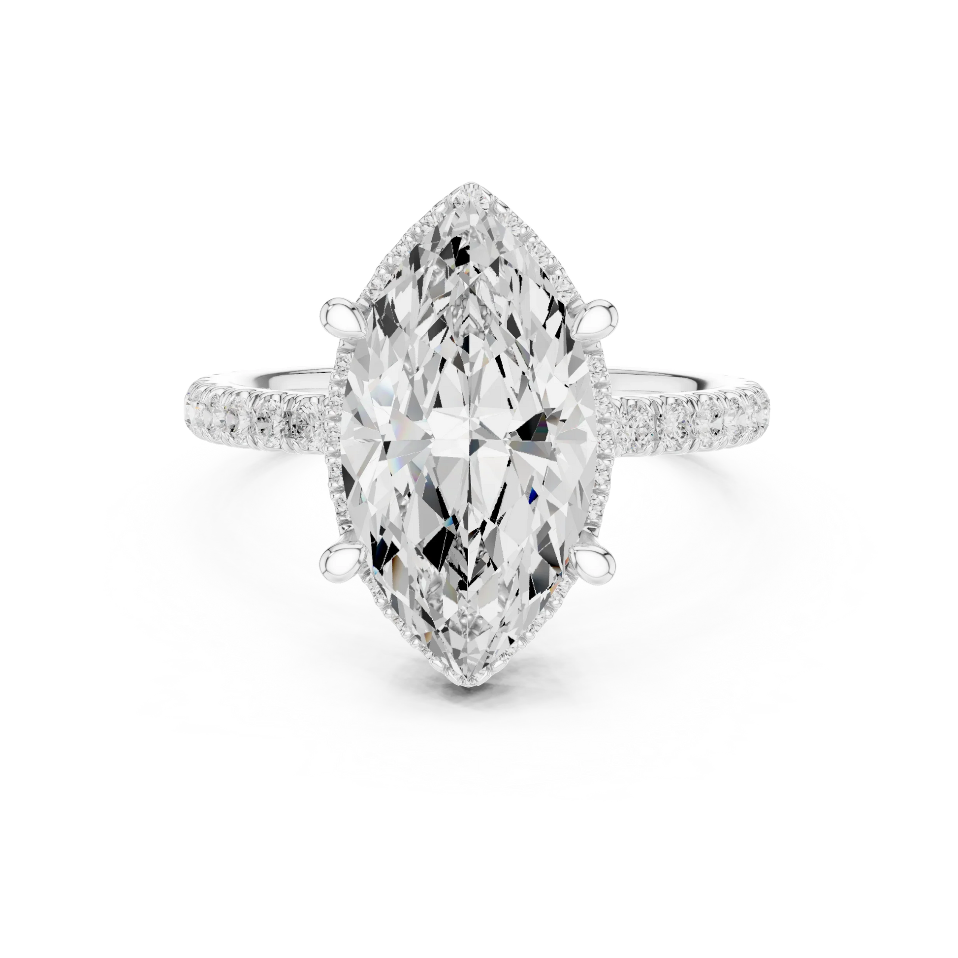 White gold marquise cut solitaire ring with hidden halo and thin pav茅 band featuring lab-grown diamond, elegant design
