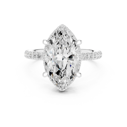 White gold marquise cut solitaire ring with hidden halo and thin pav茅 band featuring lab-grown diamond, elegant design