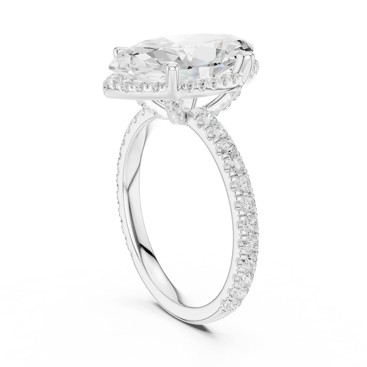 Back side view of white gold marquise cut solitaire ring showing hidden halo and thin pav茅 band details