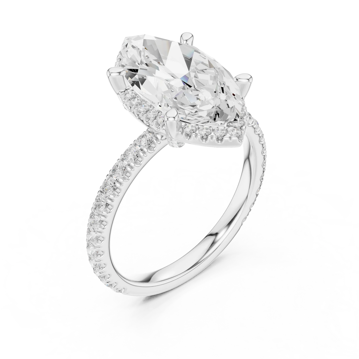 Front view of white gold marquise cut solitaire ring with hidden halo and thin pav茅 diamond band and lab-created diamond