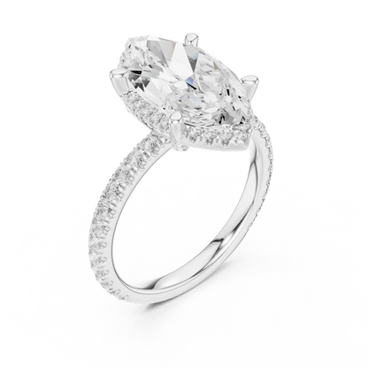 Front view of white gold marquise cut solitaire ring with hidden halo and thin pav茅 diamond band and lab-created diamond