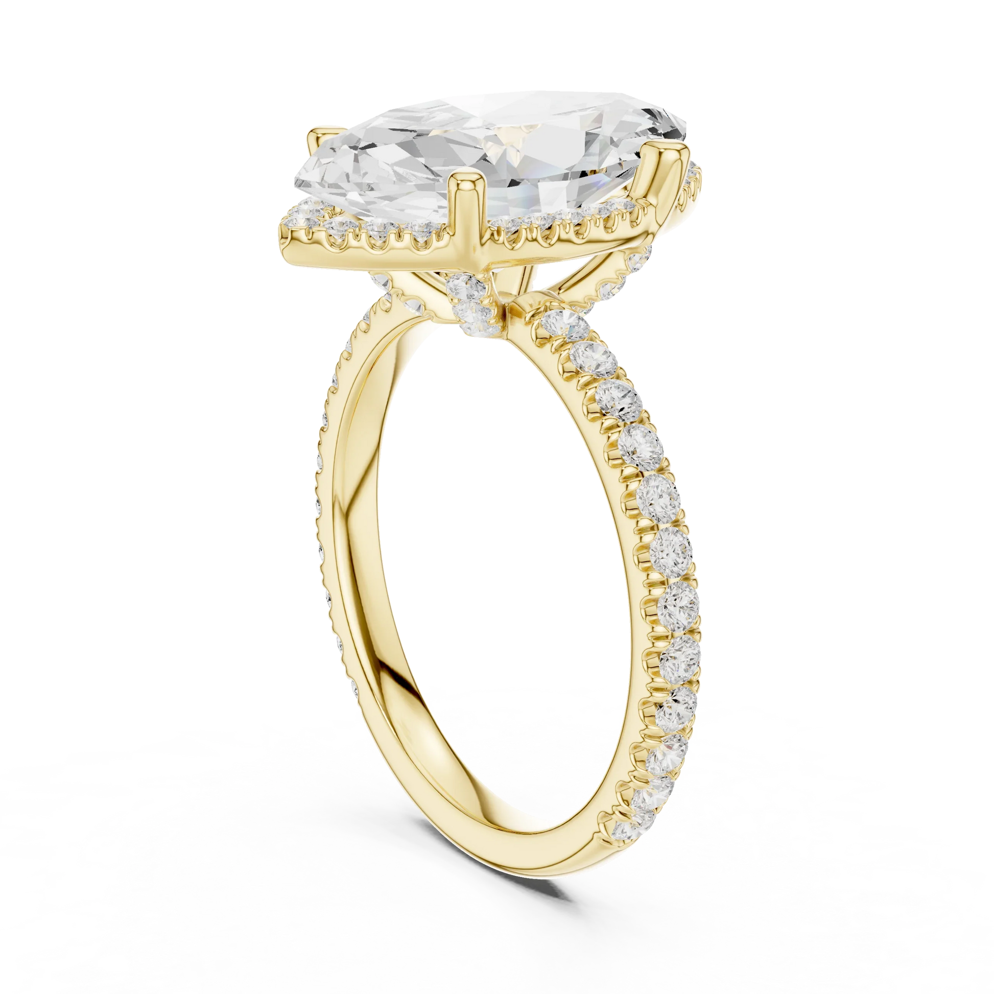 Back side view of yellow gold marquise cut solitaire ring showing hidden halo and thin pav茅 band details