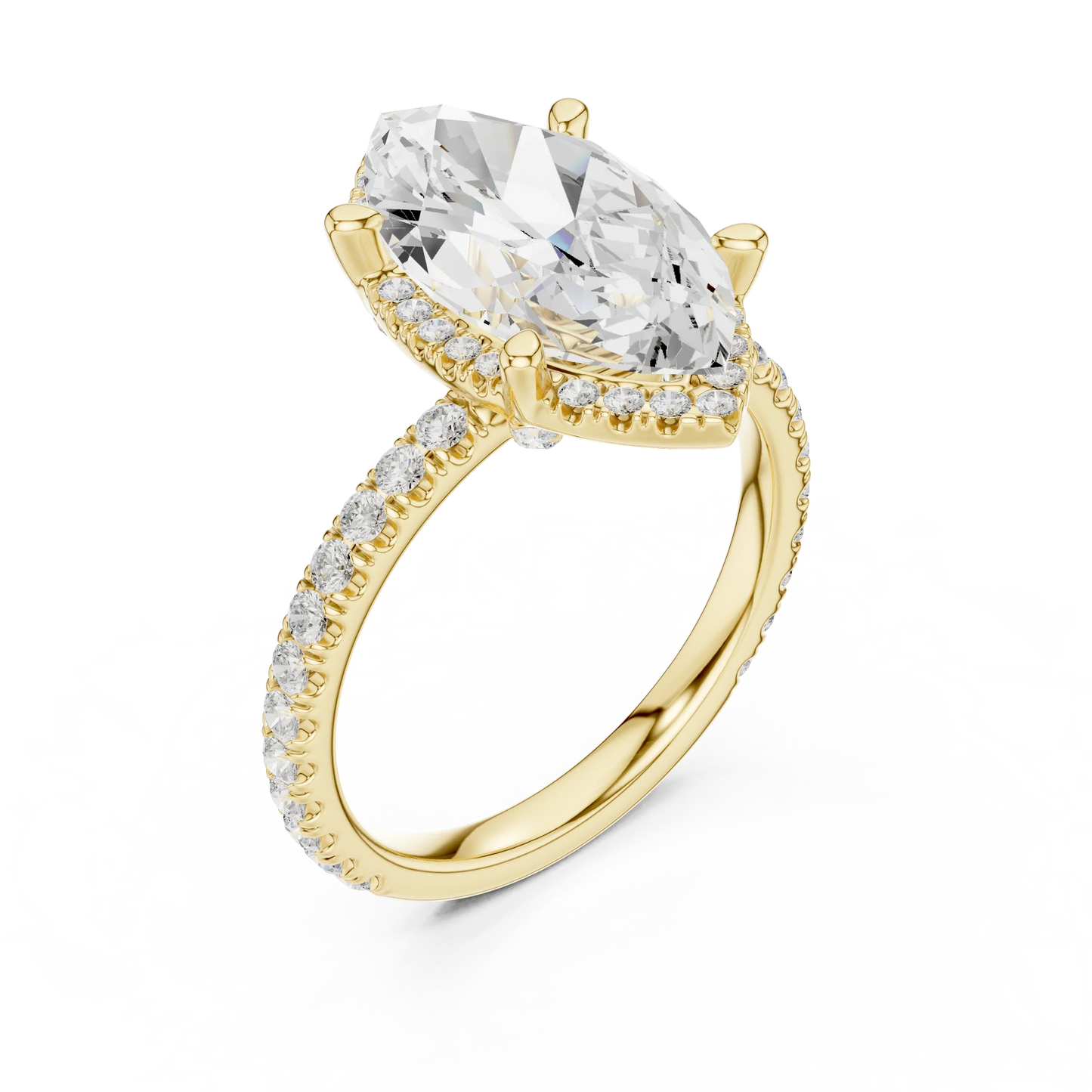 Front view of yellow gold marquise cut solitaire ring with hidden halo and thin pav茅 diamond band and lab-created diamond