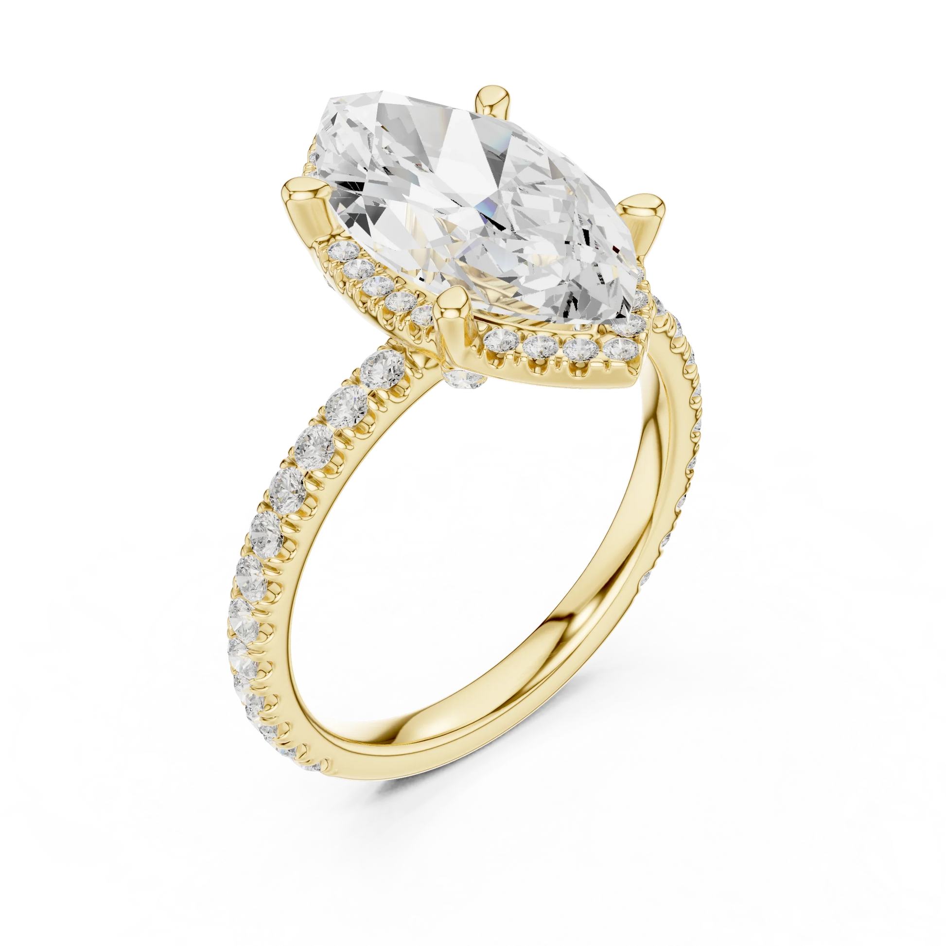 Front view of yellow gold marquise cut solitaire ring with hidden halo and thin pav茅 diamond band and lab-created diamond