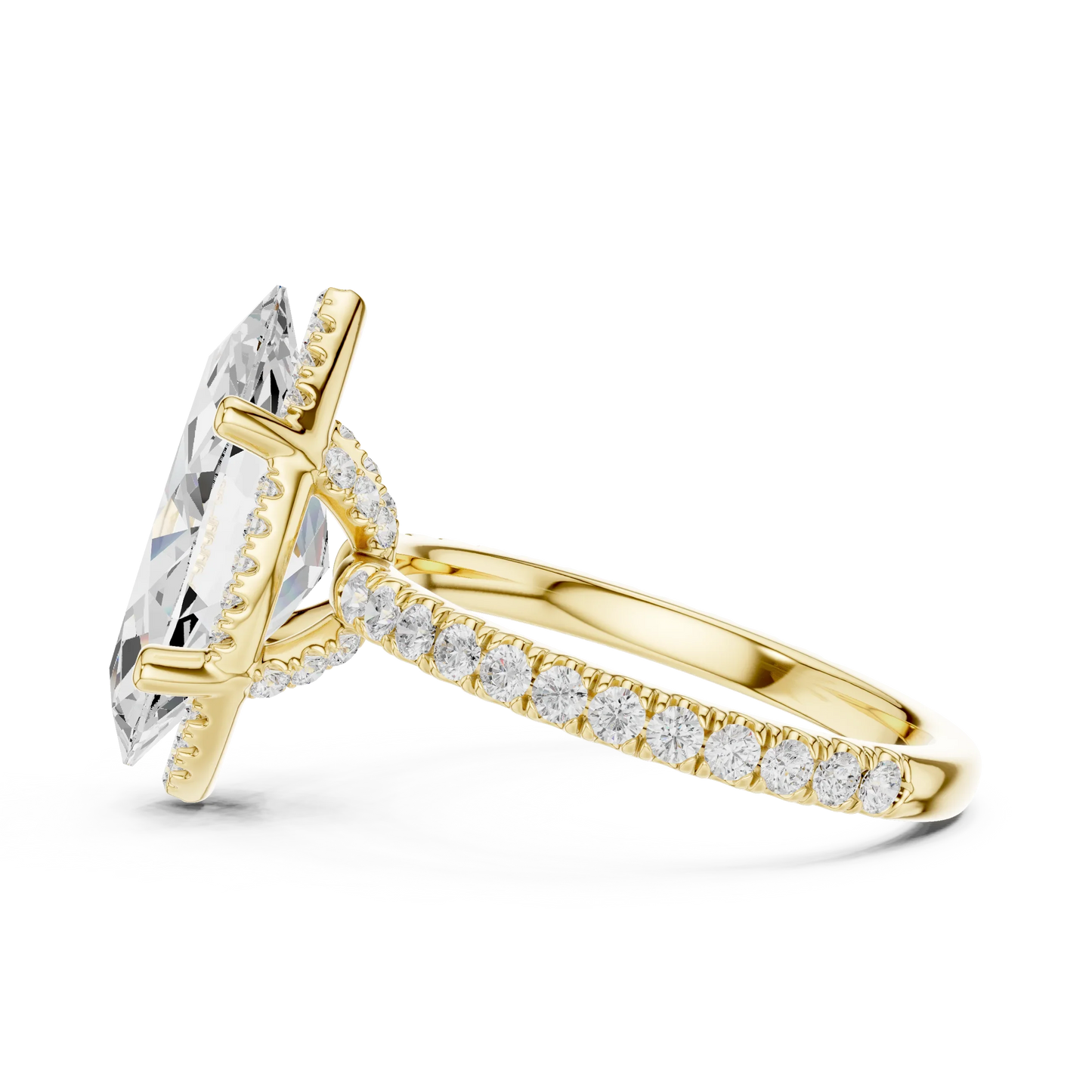Side view of yellow gold marquise cut solitaire ring highlighting hidden halo and thin pav茅 band design