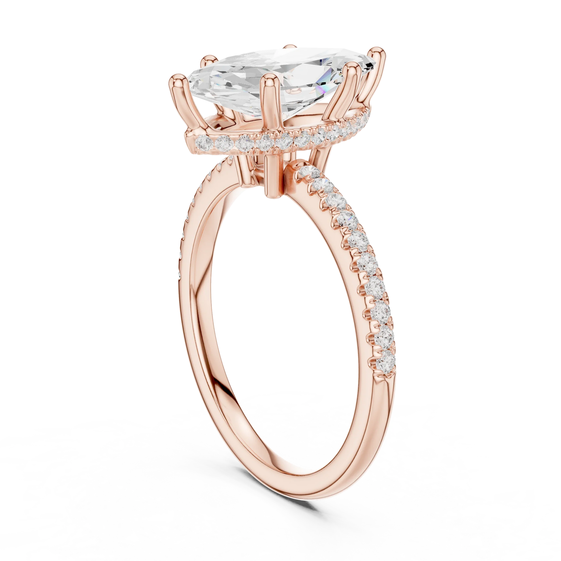 Back side view of rose gold marquise cut solitaire ring showing thin pave band and setting structure