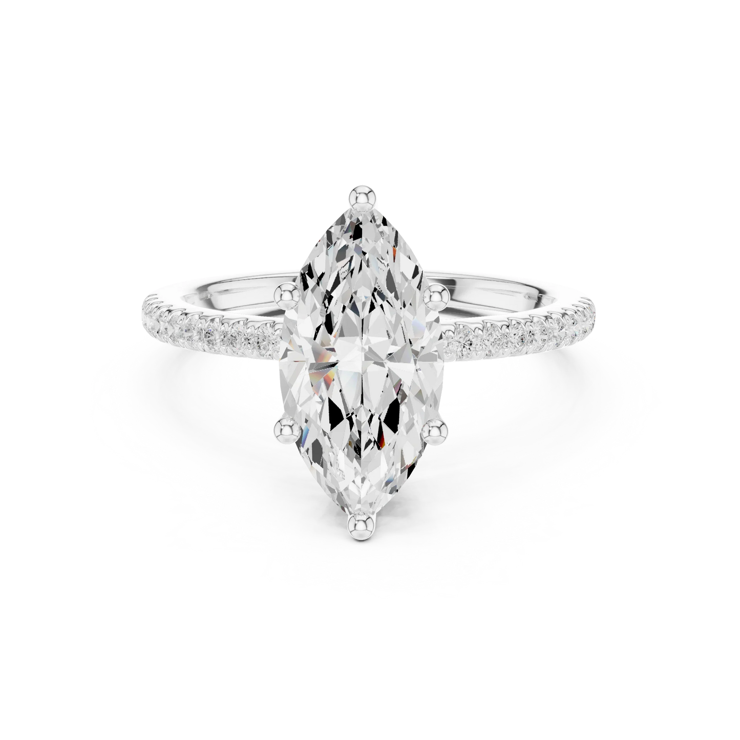White gold marquise cut solitaire ring with thin pave band and lab-grown diamond, delicate design