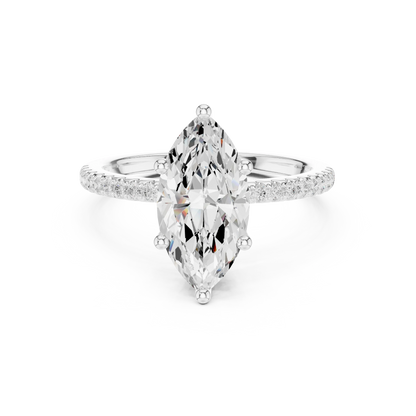 White gold marquise cut solitaire ring with thin pave band and lab-grown diamond, delicate design