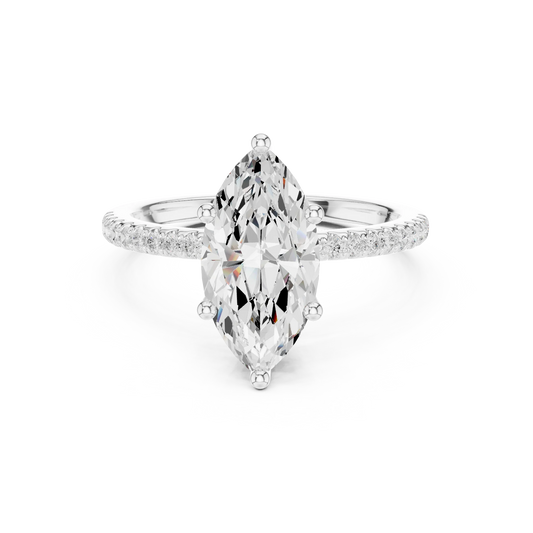 White gold marquise cut solitaire ring with thin pave band and lab-grown diamond, delicate design