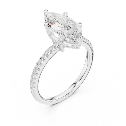 Front view of white gold marquise cut solitaire ring with thin pave band and lab-created diamond