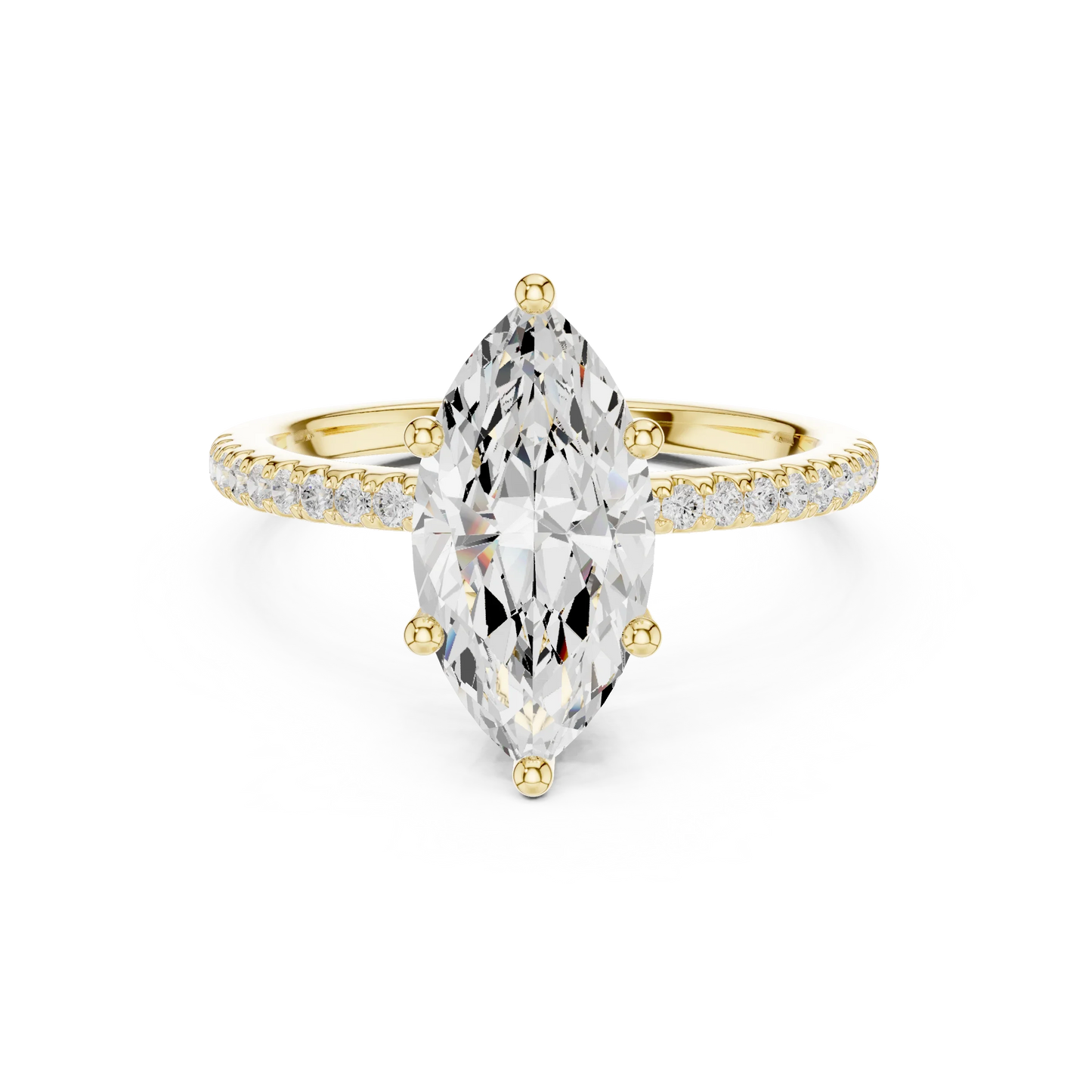 Yellow gold marquise cut solitaire ring with thin pave band and lab-grown diamond, elegant style