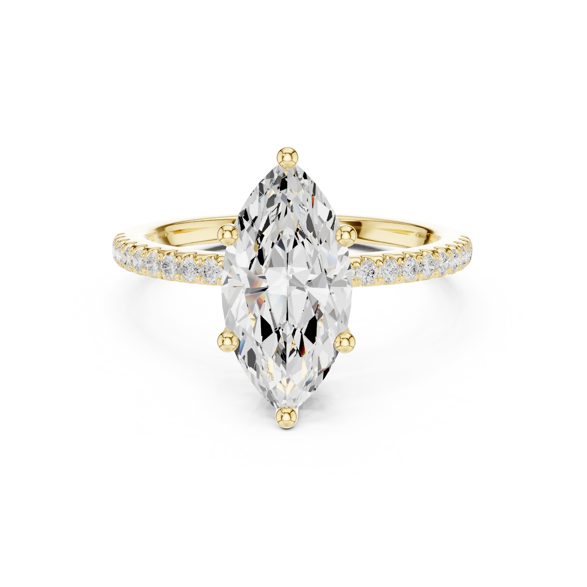 Yellow gold marquise cut solitaire ring with thin pave band and lab-grown diamond, elegant style