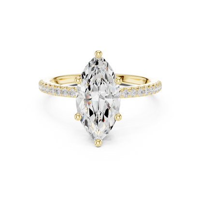 Yellow gold marquise cut solitaire ring with thin pave band and lab-grown diamond, elegant style