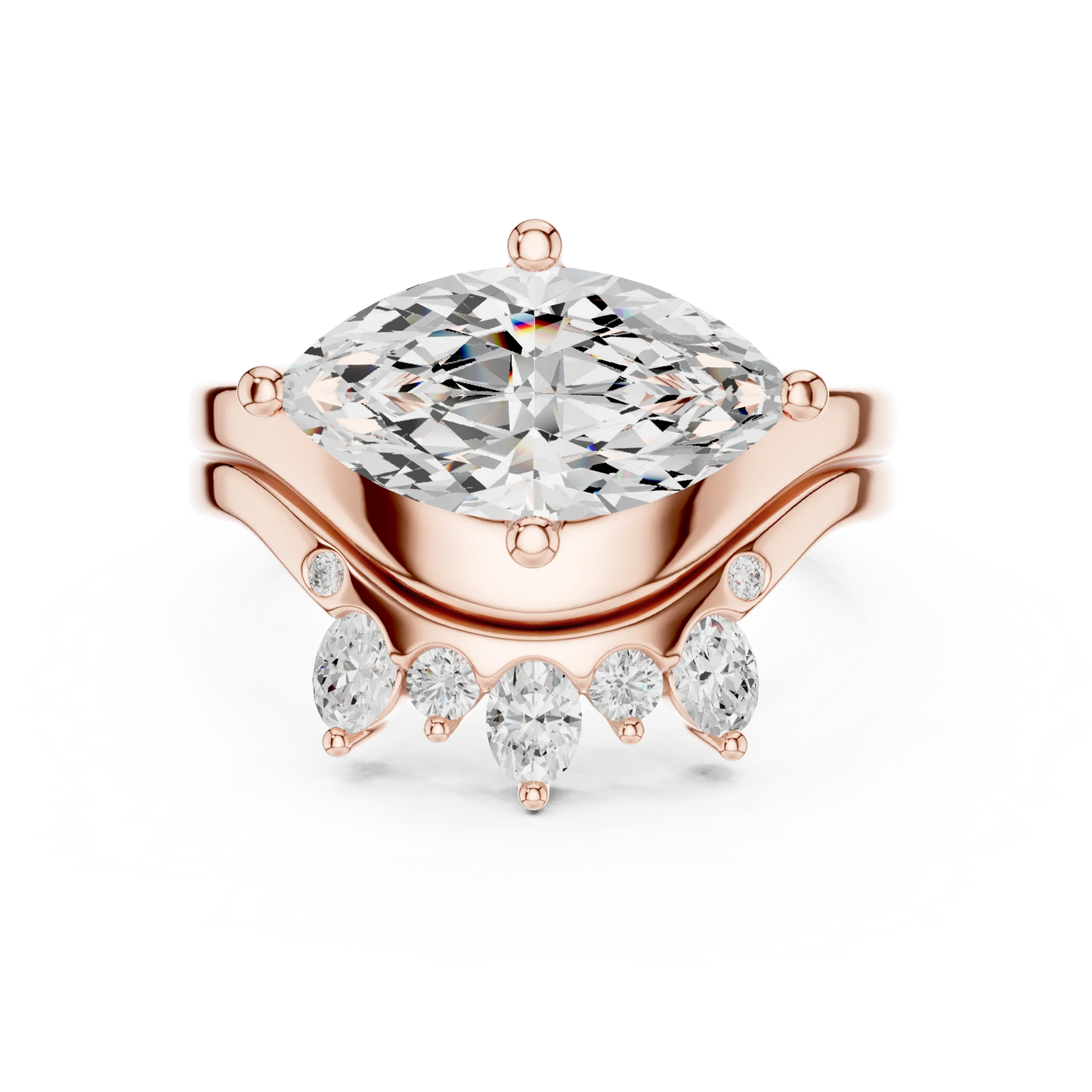 Front view of rose gold marquise solitaire ring with crown tiara wedding band and lab-grown diamond