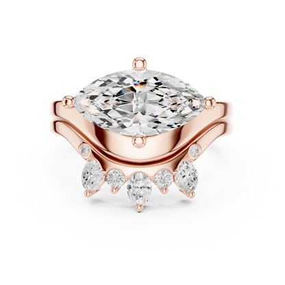 Front view of rose gold marquise solitaire ring with crown tiara wedding band and lab-grown diamond