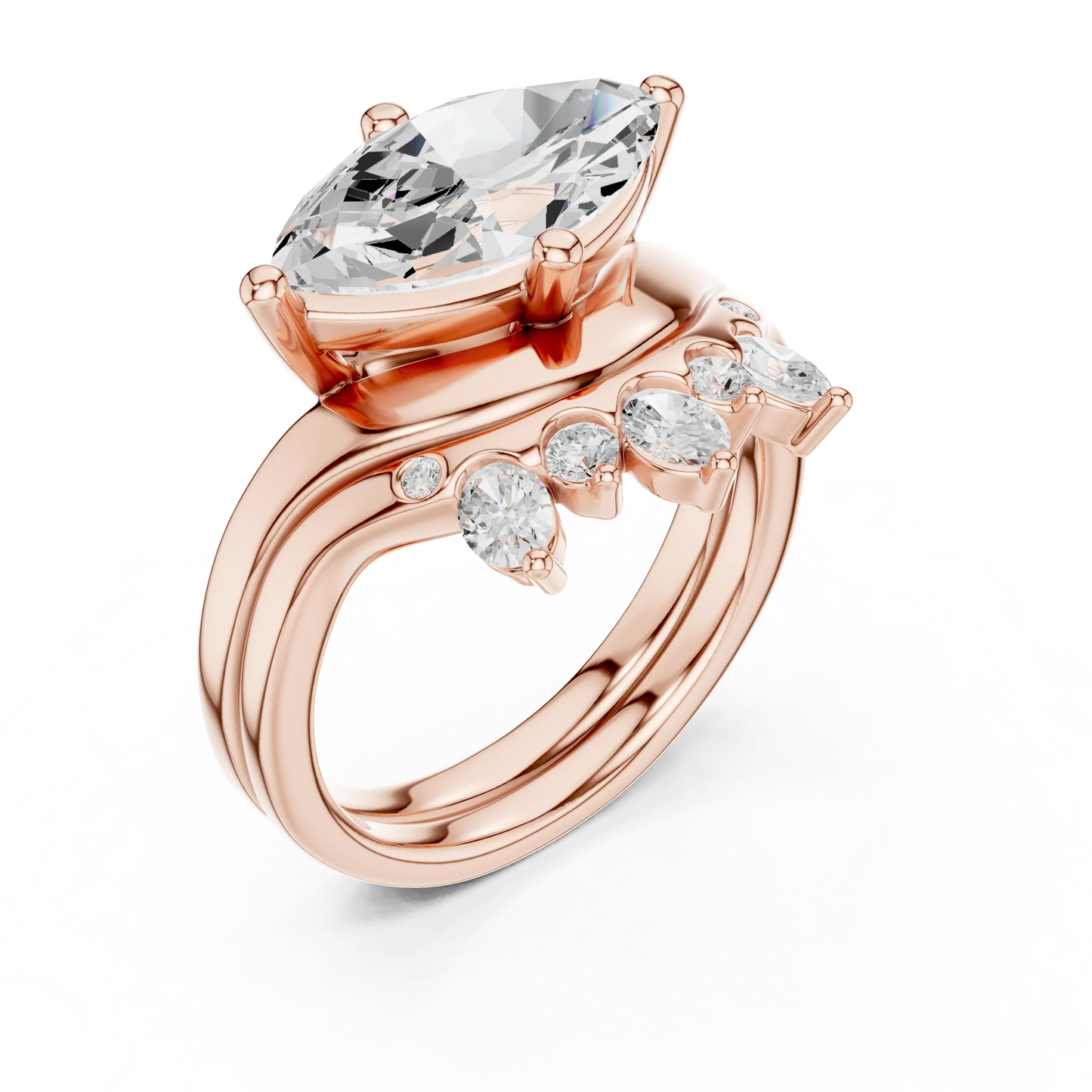 Back view of rose gold marquise solitaire ring set with tiara band and lab-grown diamond